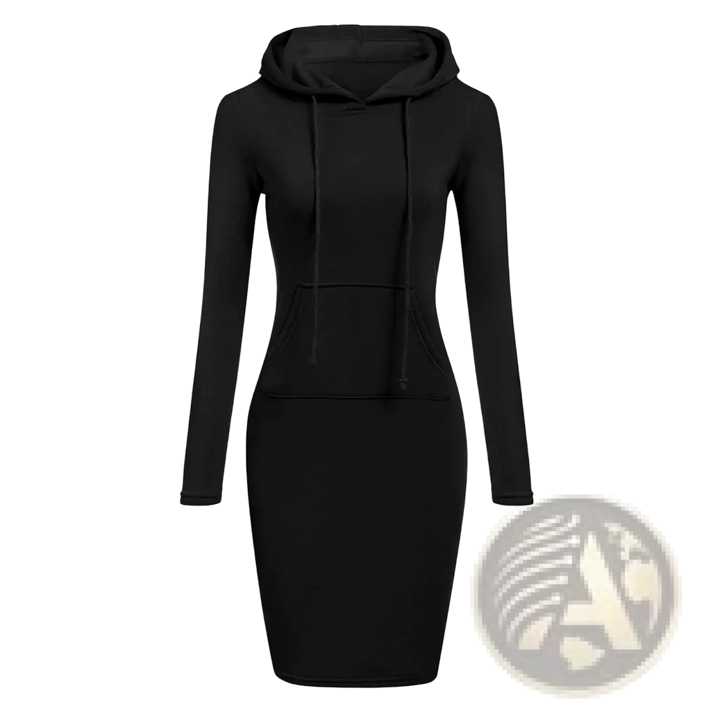 Black long-sleeved fitted hoodie dress with front pocket for casual wear in soft sweatshirt material