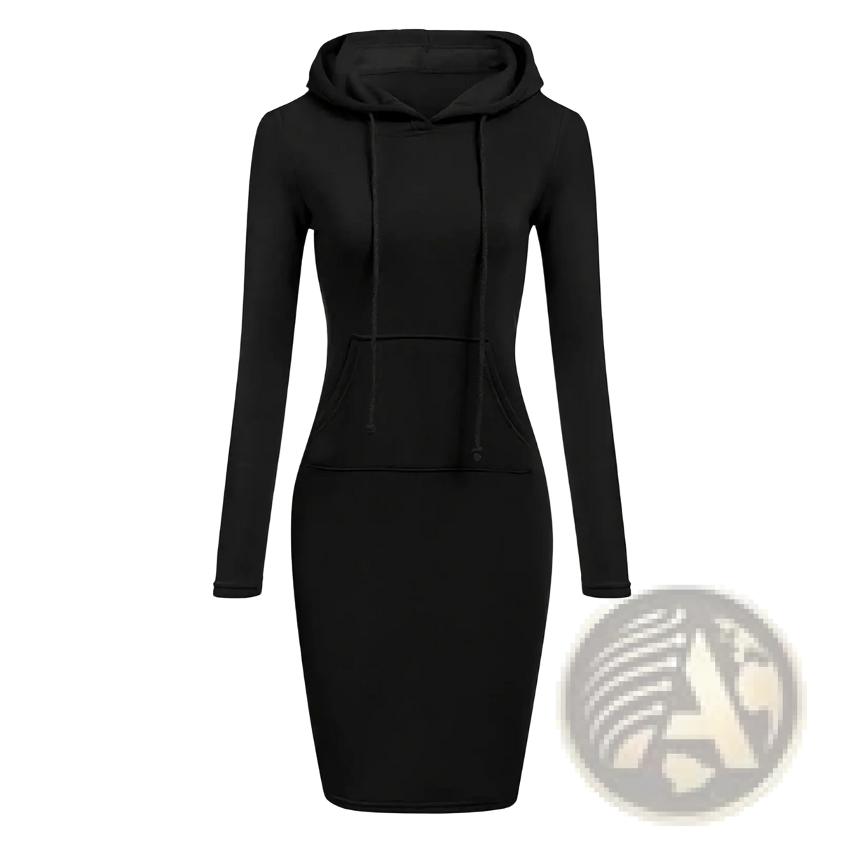 Black long-sleeved fitted hoodie dress with front pocket for casual wear in soft sweatshirt material