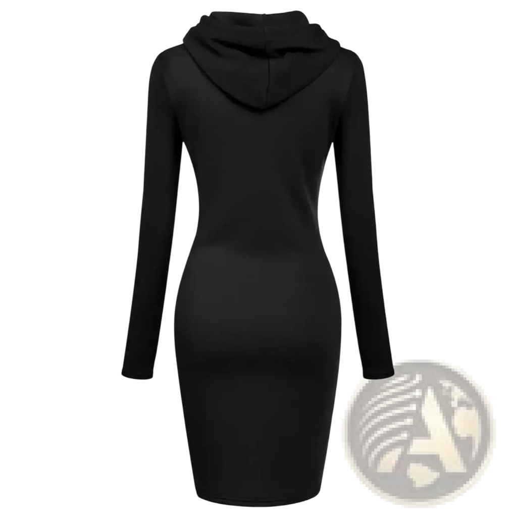 Black long-sleeved hooded sweatshirt dress with fitted silhouette and casual pockets for women