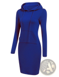 A vibrant royal blue women hooded sweatshirt dress with long sleeves, fitted silhouette, and front pocket for casual wear