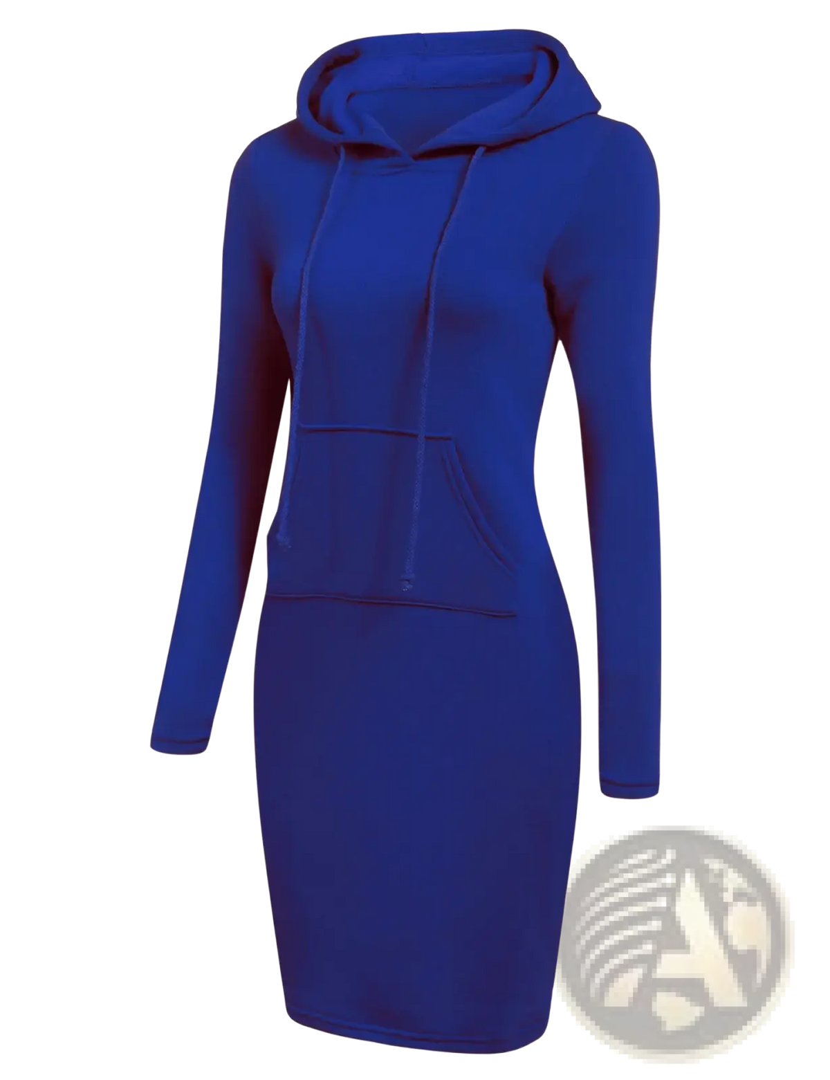 A vibrant royal blue women hooded sweatshirt dress with long sleeves, fitted silhouette, and front pocket for casual wear