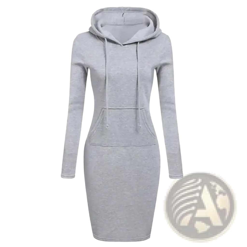 A sleek heather gray women hooded sweatshirt dress with long sleeves and a front pocket for casual wear