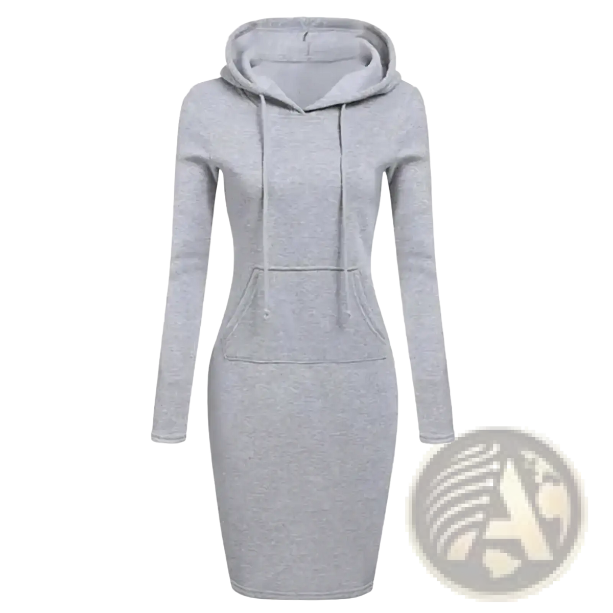 A sleek heather gray women hooded sweatshirt dress with long sleeves and a front pocket for casual wear