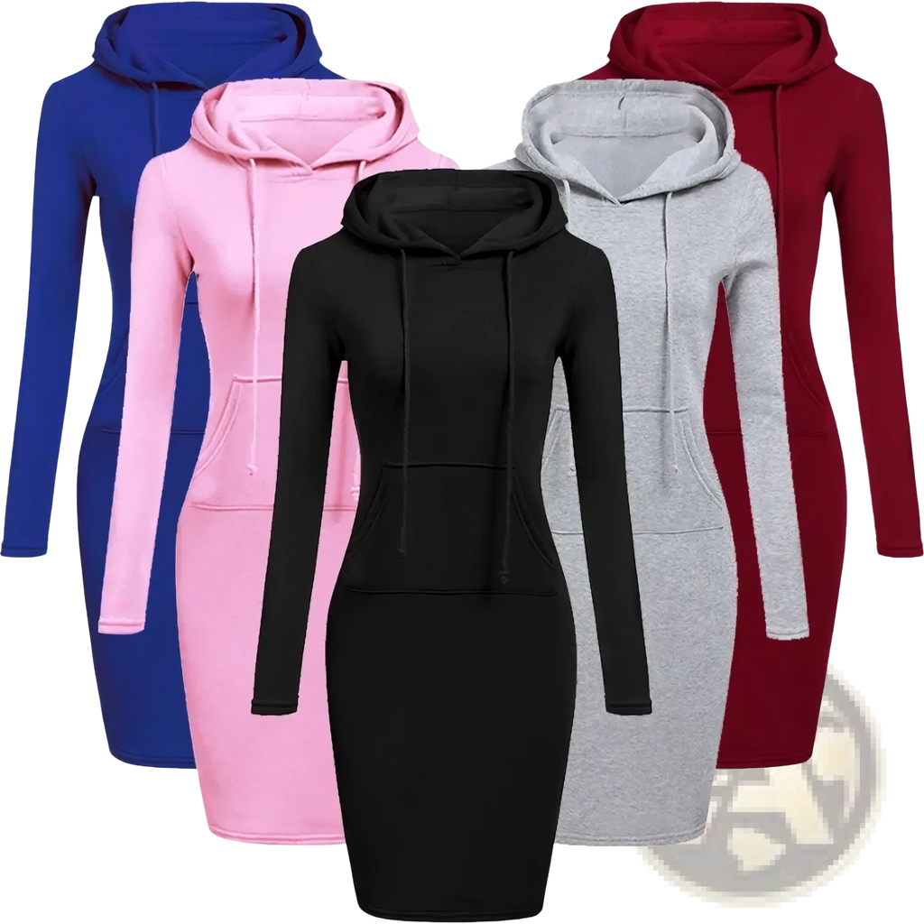A sleek black women hooded sweatshirt dress with a form-fitting design, drawstring hood, and front pocket