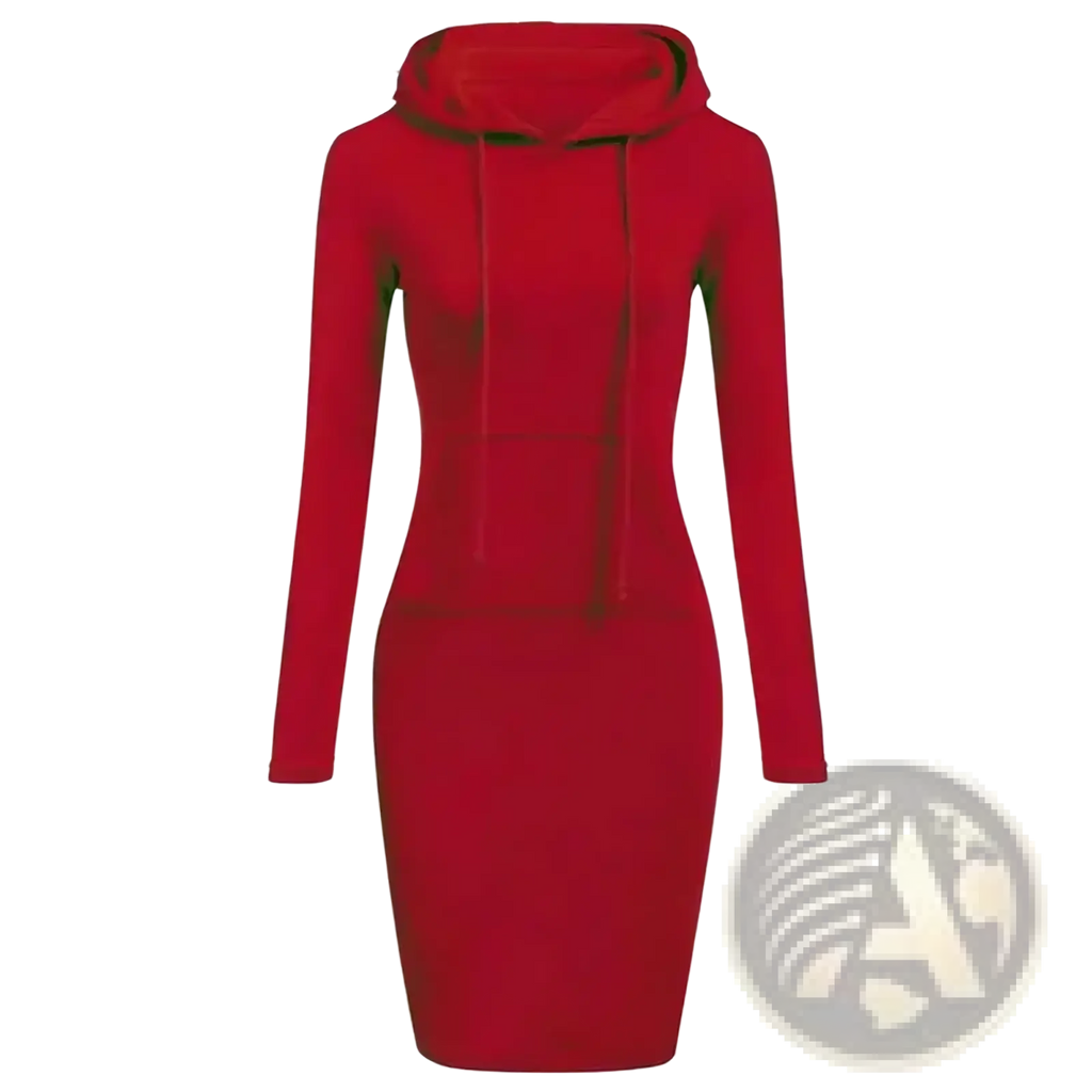 A vibrant red form-fitting women hooded sweatshirt dress with long sleeves and casual pocket for everyday wear
