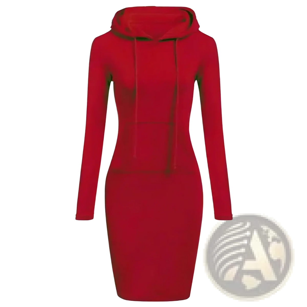 A vibrant red form-fitting women hooded sweatshirt dress with long sleeves and casual pocket for everyday wear