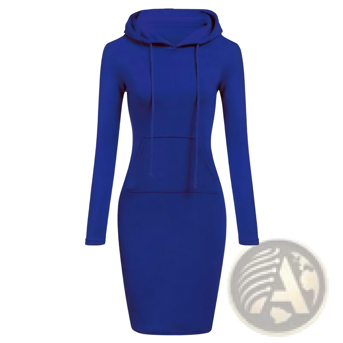 A vibrant royal blue women hooded sweatshirt dress with long sleeves and a front pocket for casual wear