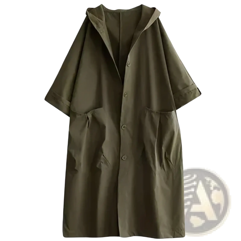 Olive green hooded trench coat with short sleeves and button front designed for casual loose outerwear for women
