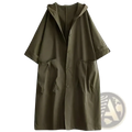 Olive green hooded trench coat with short sleeves and button front designed for casual loose outerwear for women
