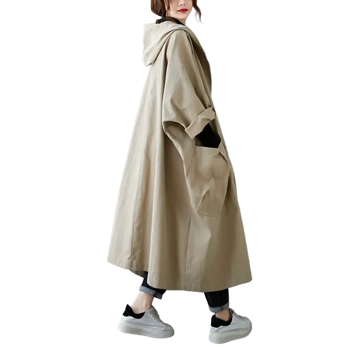 Beige hooded trench coat with relaxed fit and large patch pockets for casual loose outerwear women use