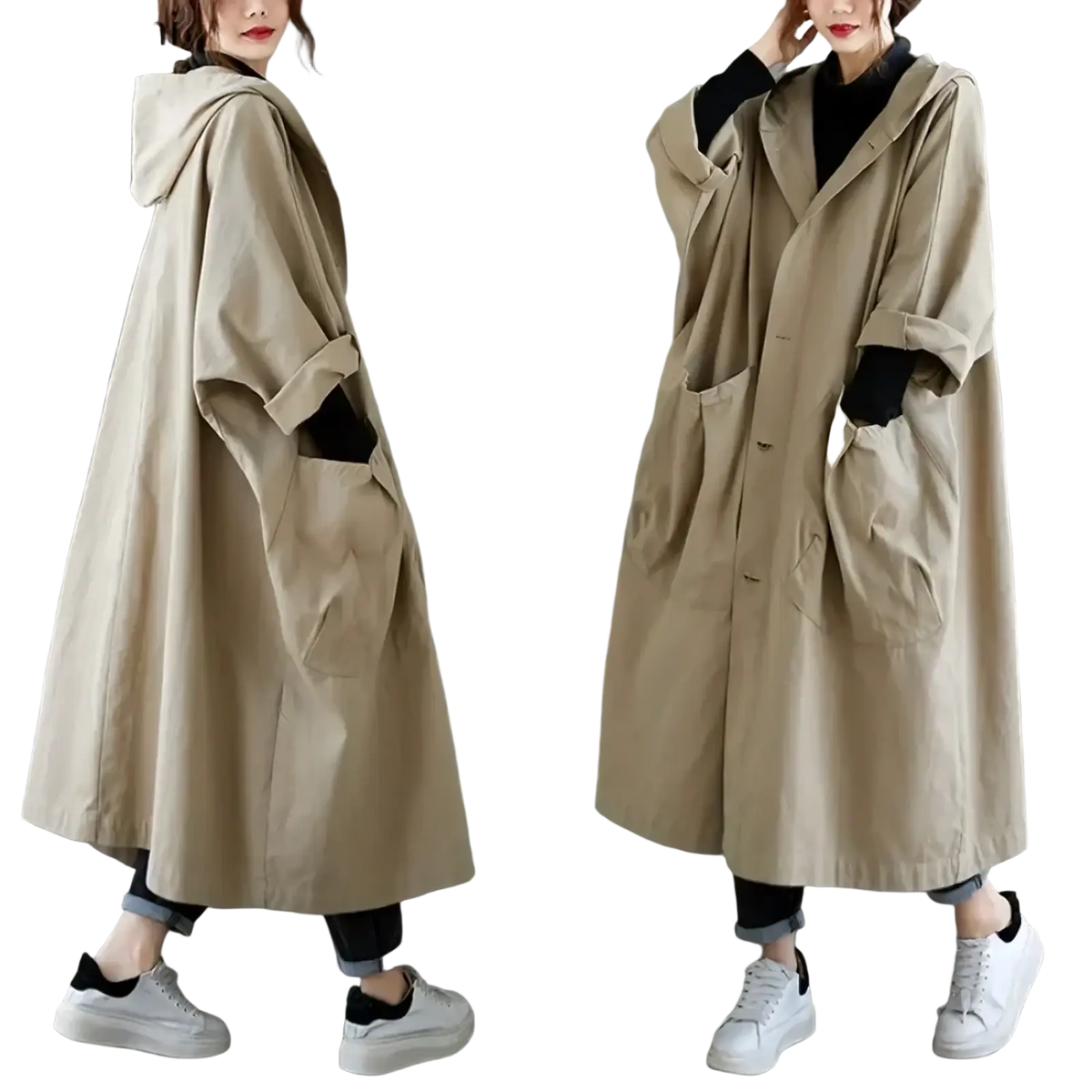 Beige hooded trench coat with relaxed fit and large front pockets for casual loose outerwear for women