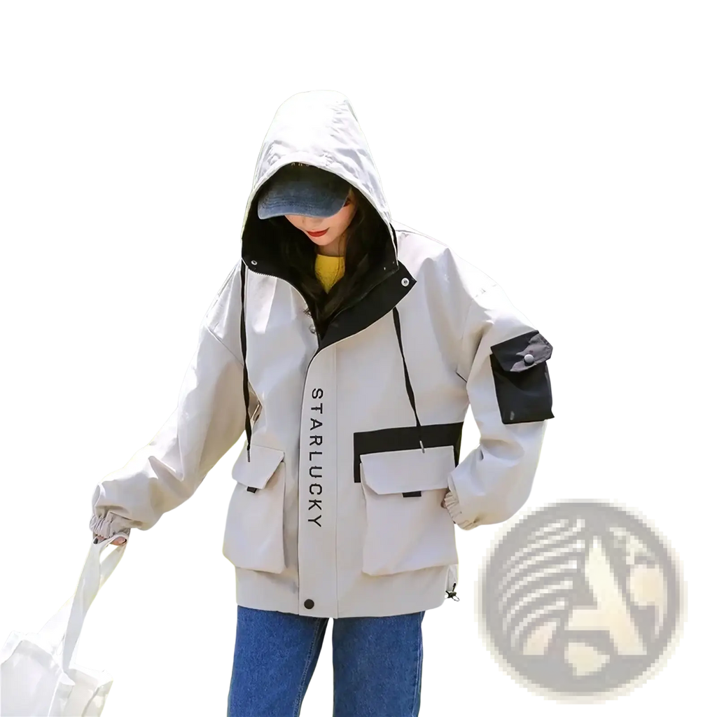 Women hooded trench coat casual loose outerwear in beige and black with drawstring hood front and sleeve patch pockets