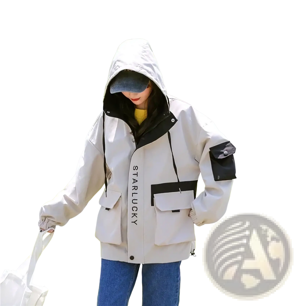 Women hooded trench coat casual loose outerwear in beige and black with drawstring hood front and sleeve patch pockets