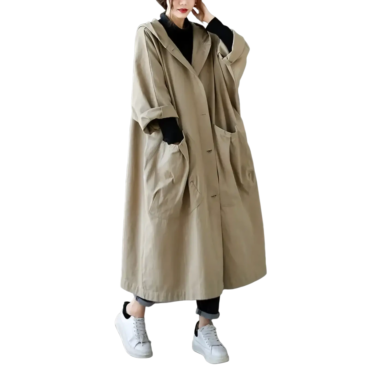 Beige oversized hooded trench coat with front button closure and large patch pockets for casual loose outerwear