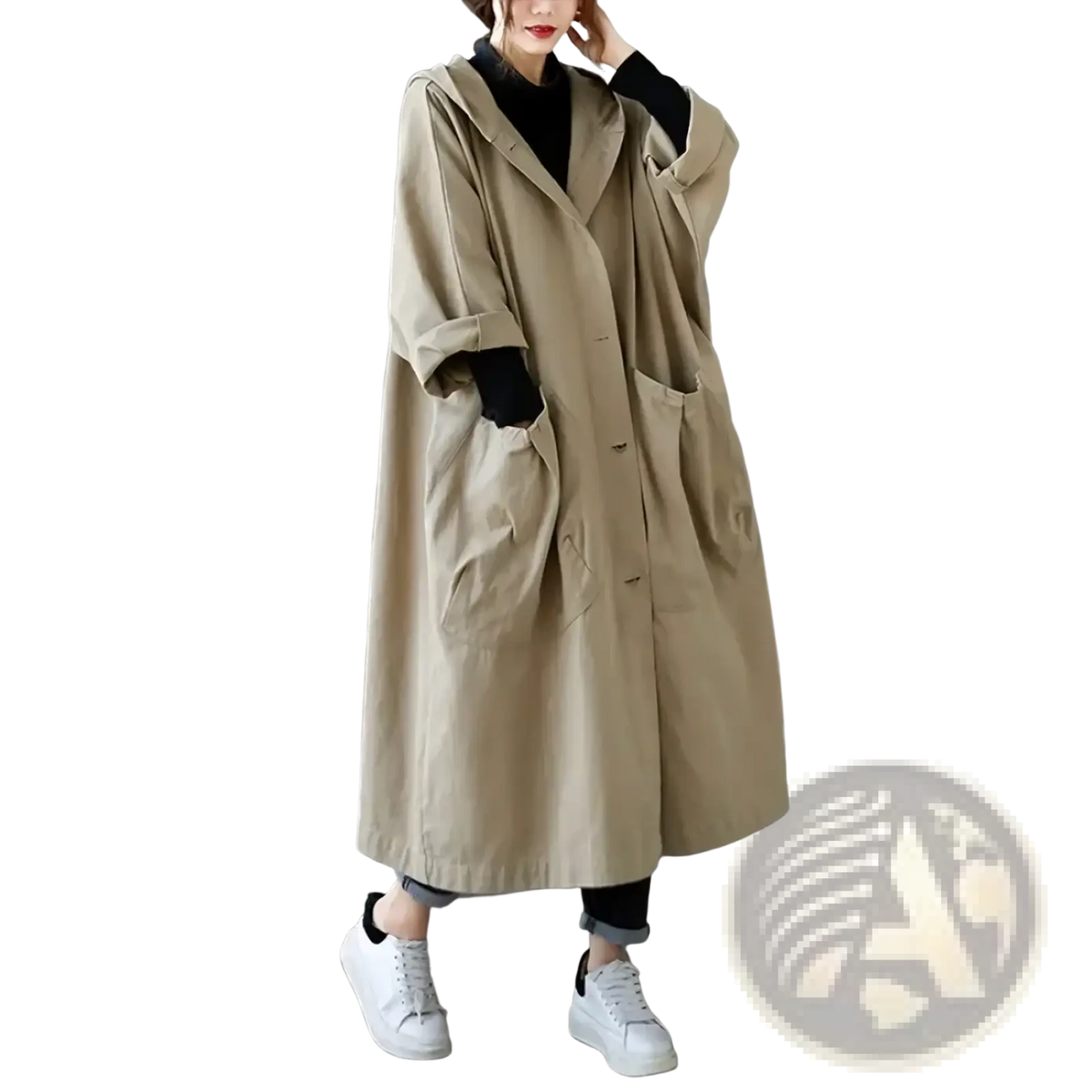 Beige oversized hooded trench coat with front button closure and large patch pockets for casual loose outerwear