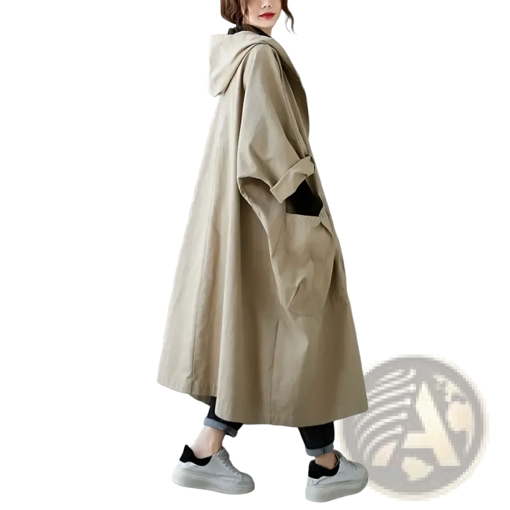 Beige hooded trench coat with a relaxed oversized fit and visible side pockets for casual loose outerwear
