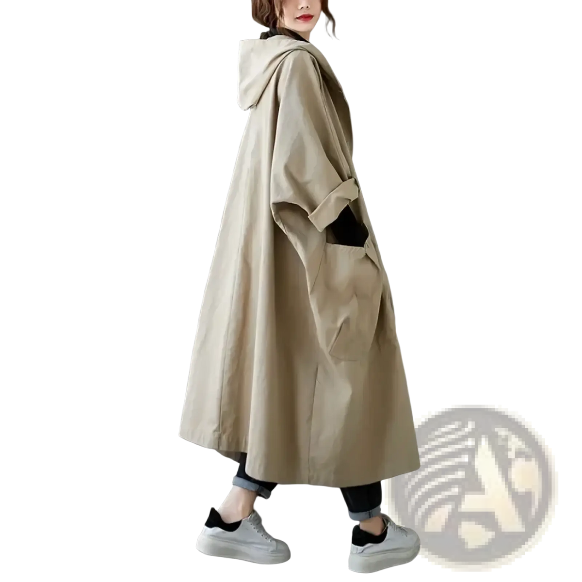 Beige hooded trench coat with a relaxed oversized fit and visible side pockets for casual loose outerwear