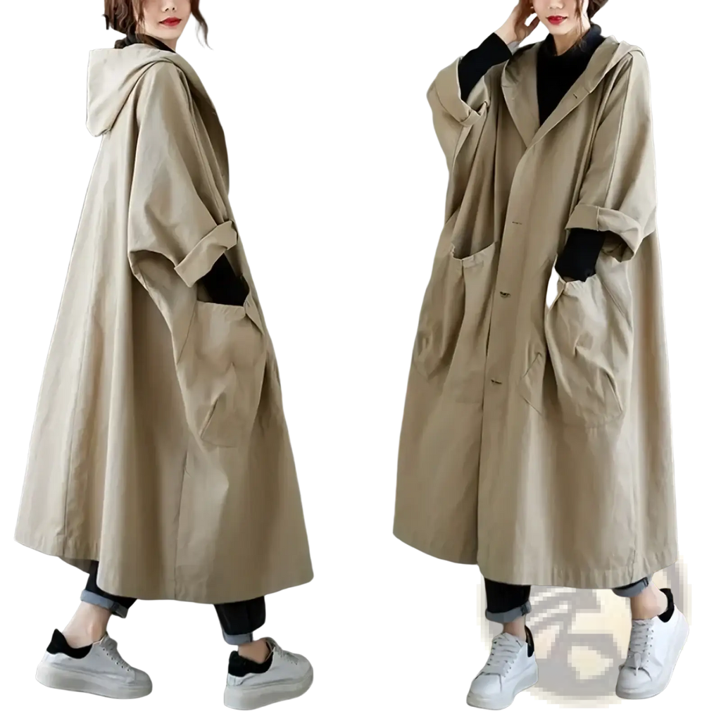 Beige hooded trench coat with relaxed fit and large front pockets for casual loose outerwear for women