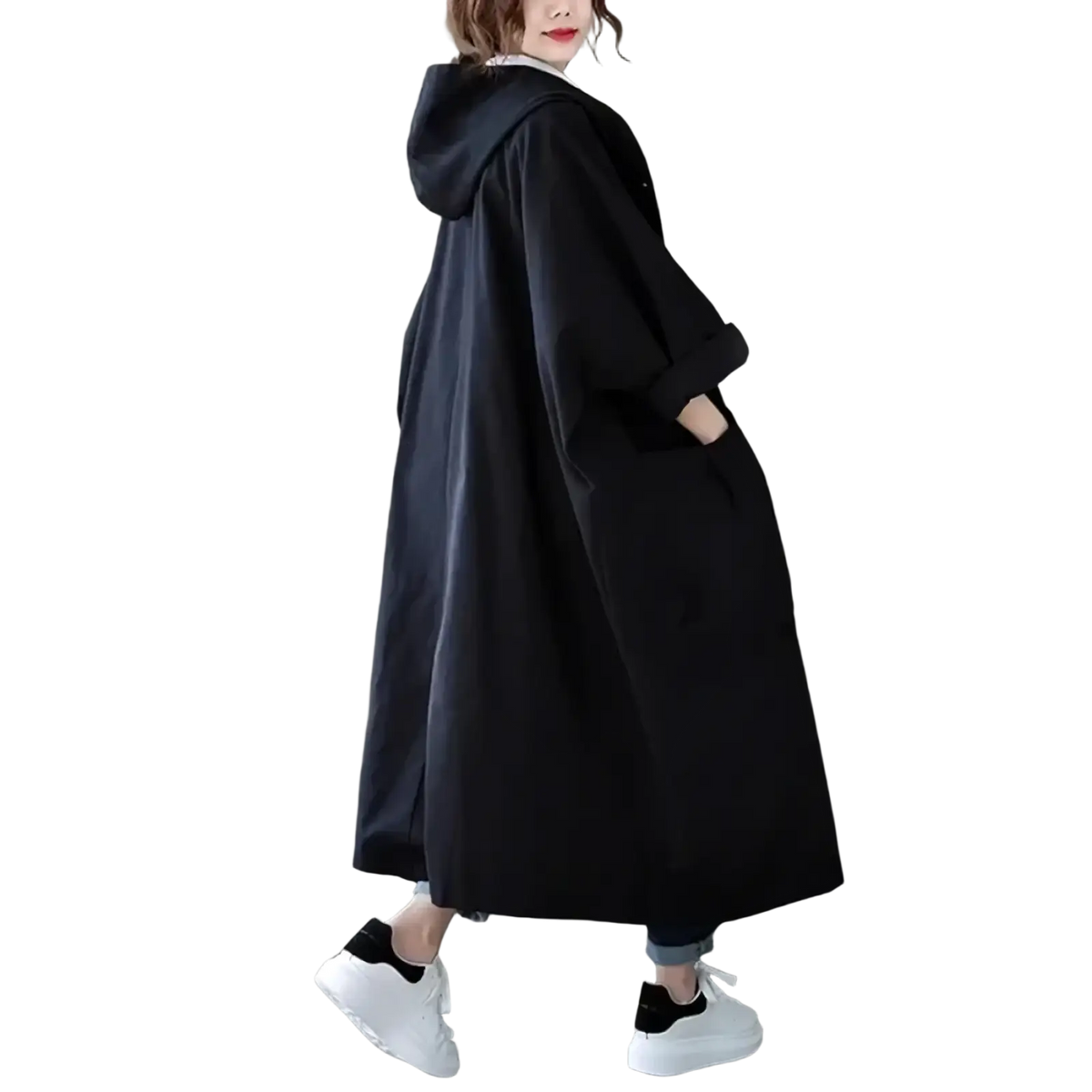 Black hooded trench coat for women with relaxed oversized fit and long sleeves casual loose outerwear