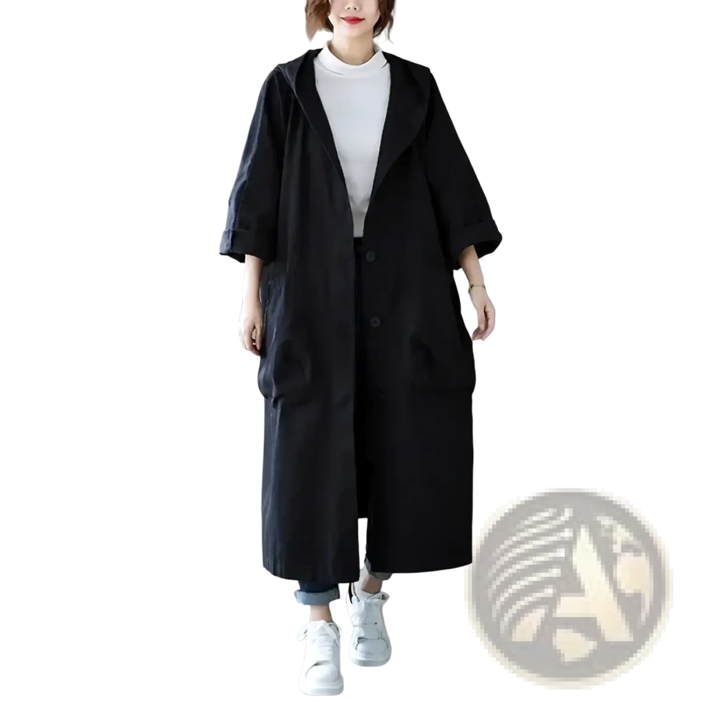 Black oversized cotton trench coat for women with hood and button front casual loose outerwear