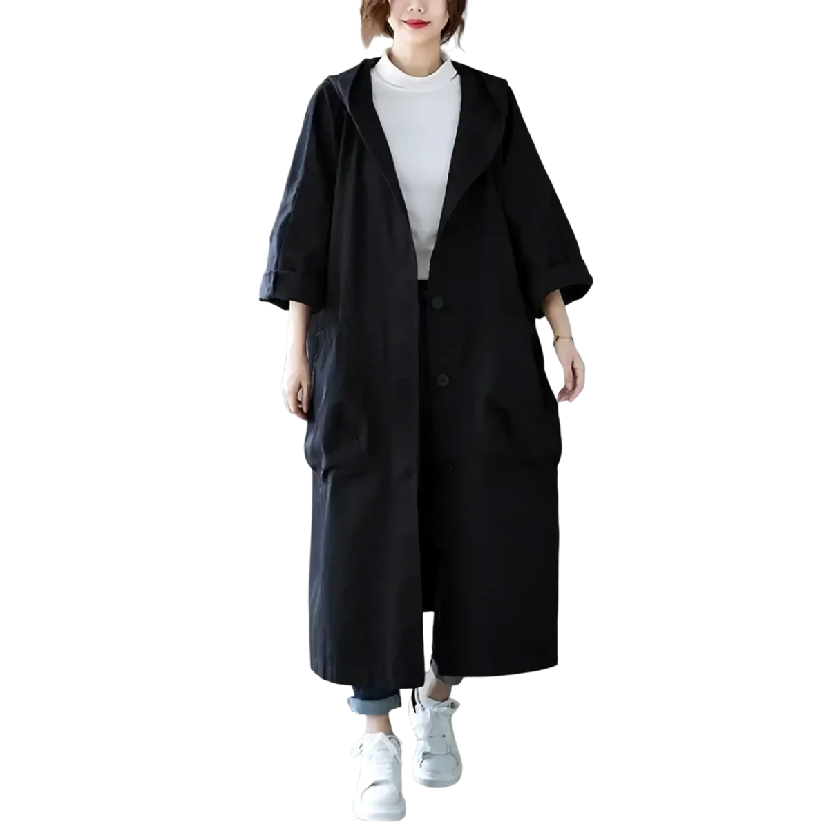 Black oversized cotton trench coat for women with hood and button front casual loose outerwear