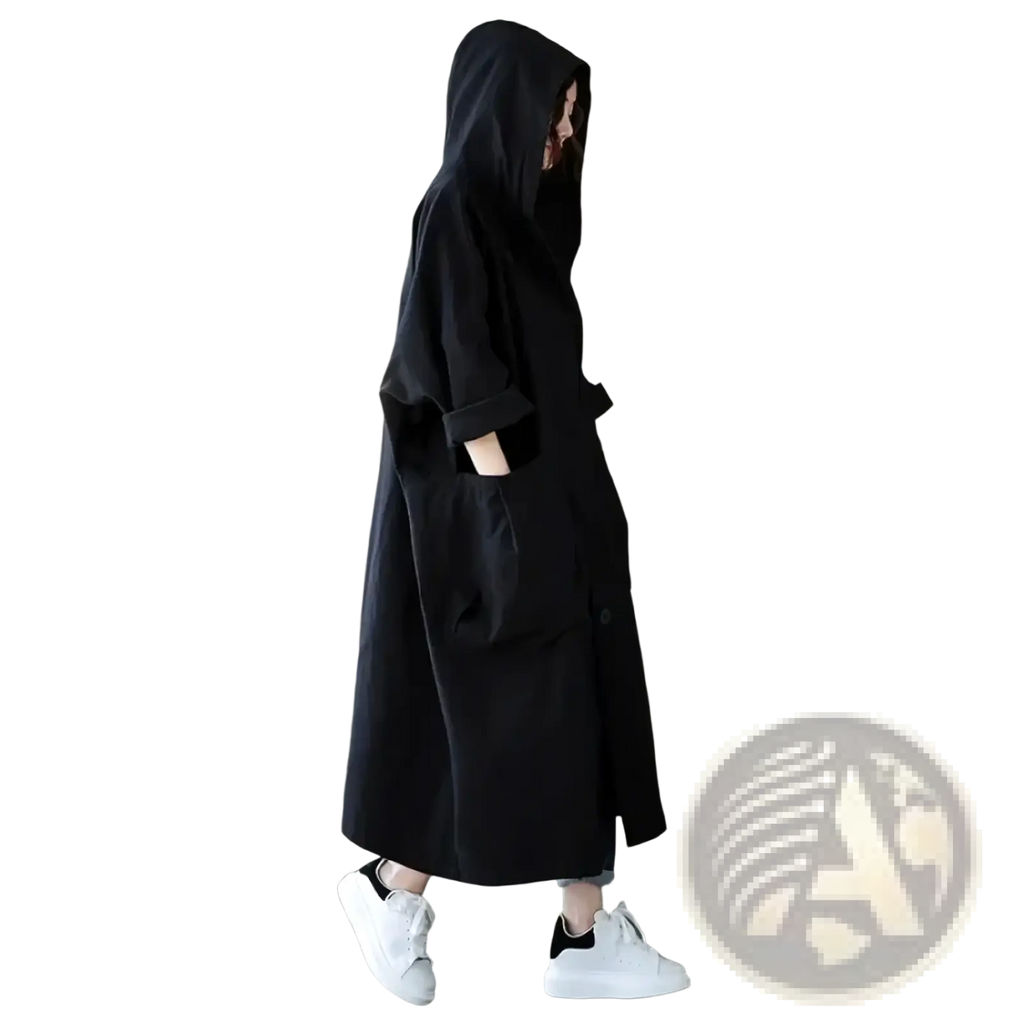 Black hooded trench coat with relaxed oversized fit and large patch pockets for casual loose outerwear women