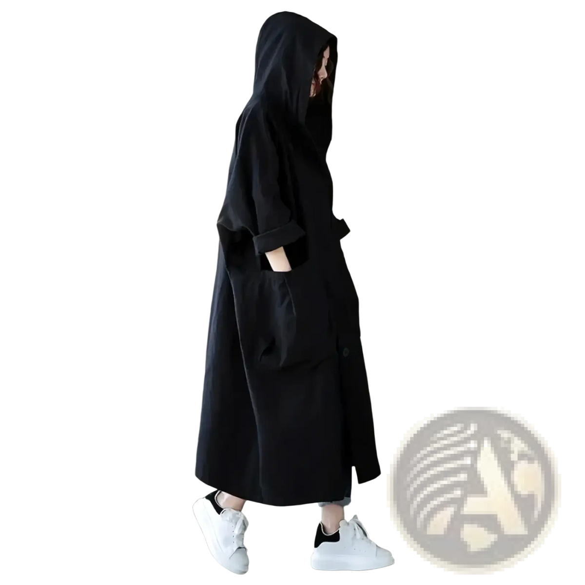 Black hooded trench coat with relaxed oversized fit and large patch pockets for casual loose outerwear women