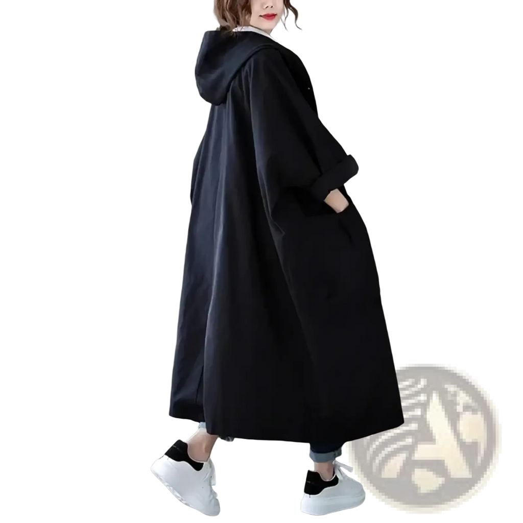 Black hooded trench coat for women with relaxed oversized fit and long sleeves casual loose outerwear