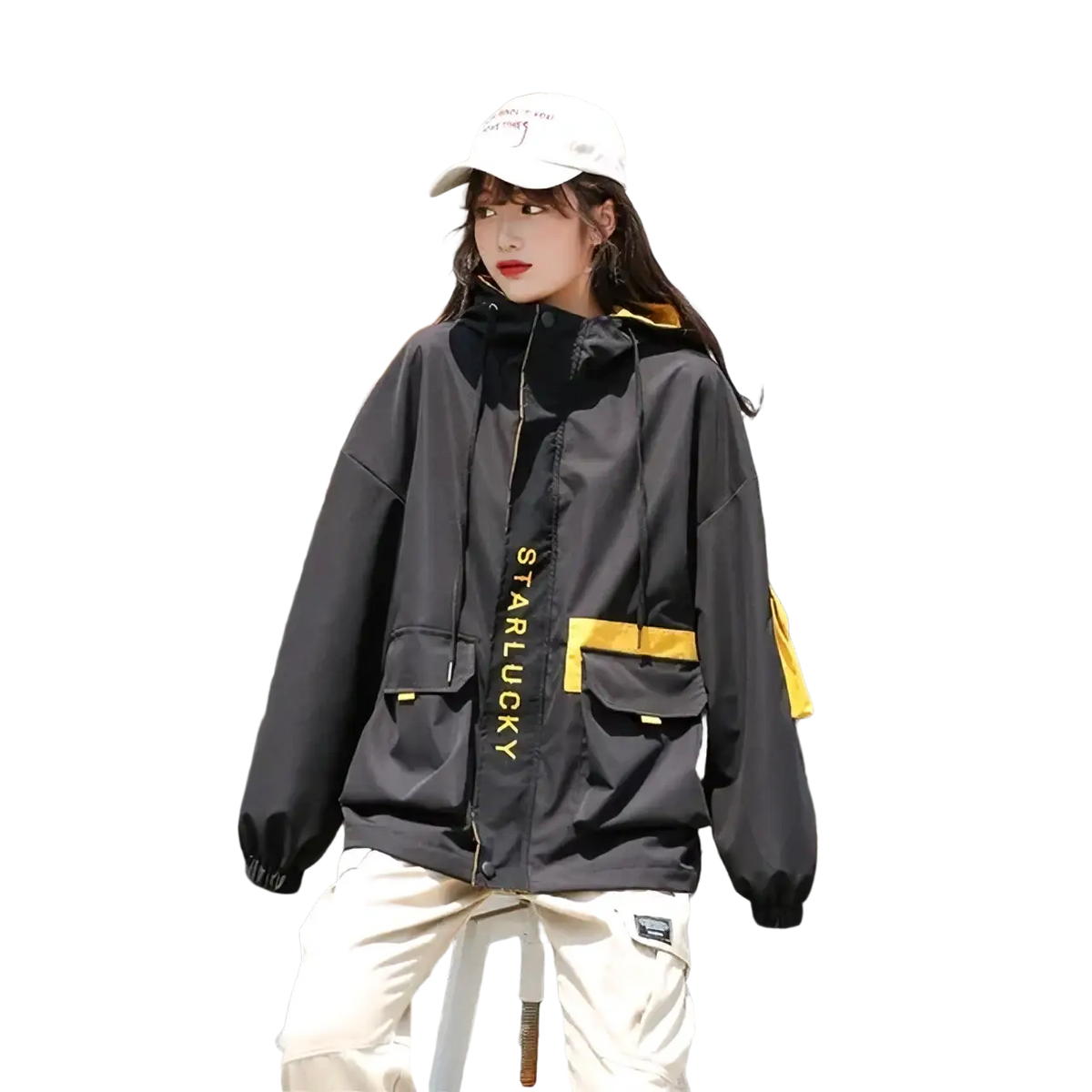 Women hooded trench coat casual loose outerwear in black and yellow starlucky with bold vertical lettering and contrast accents