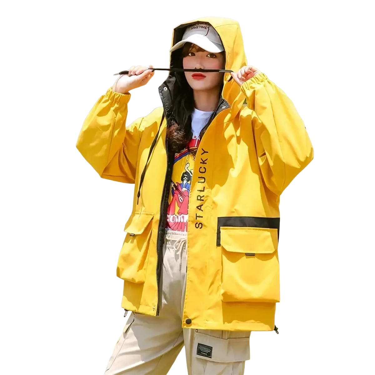 Women hooded trench coat casual loose outerwear in bright yellow waterproof material with black zipper and starlucky branding