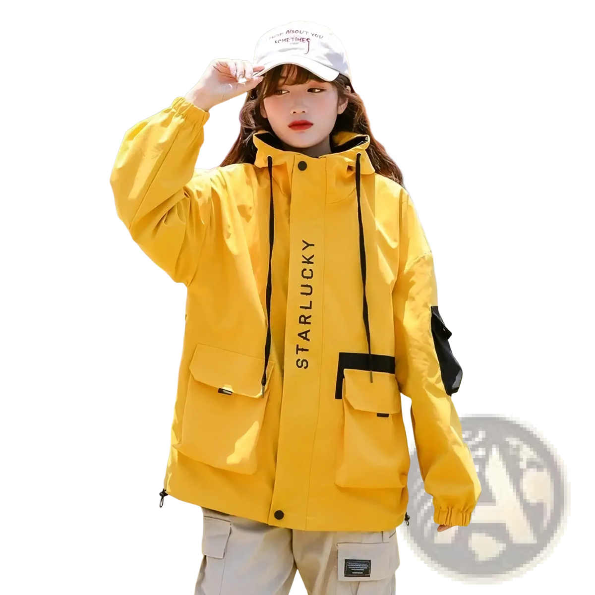 Women hooded trench coat in bright yellow waterproof material with black drawstrings and starlucky branding on chest