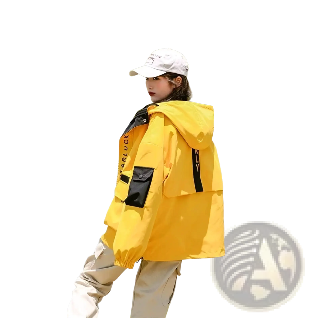 Women hooded trench coat casual loose outerwear in bright yellow waterproof material with black accents and vertical lettering