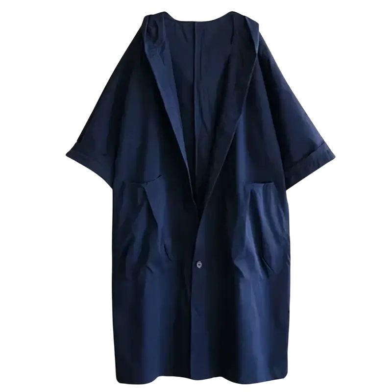 Dark navy blue women hooded trench coat with short sleeves relaxed fit and front button closure for casual outerwear