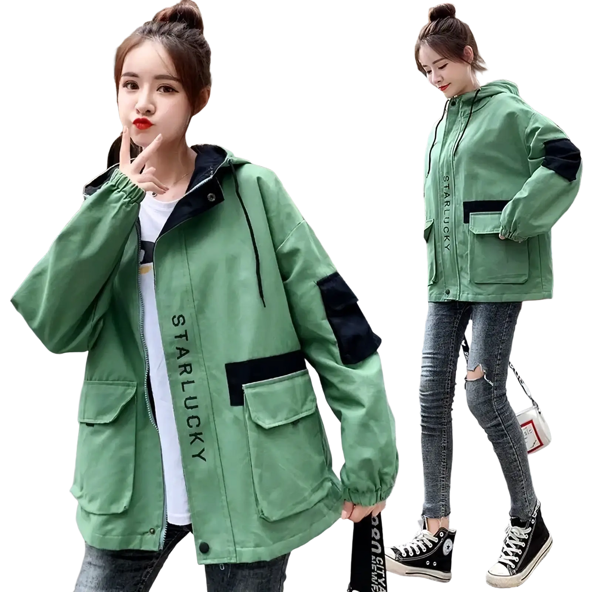 Women hooded trench coat casual loose outerwear in green starlucky with black accents and front zipper pockets