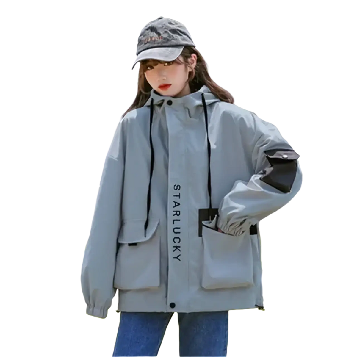 Light gray women hooded trench coat casual loose outerwear with black drawstrings starbucky text patch and large pockets