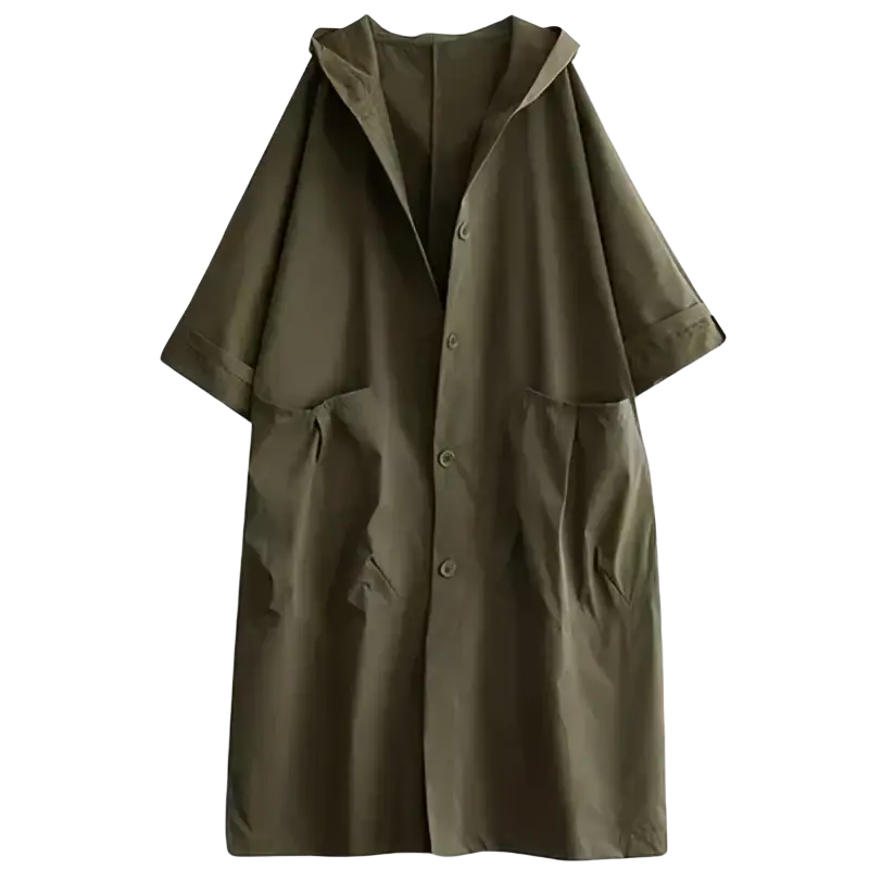 Olive green hooded trench coat with short sleeves and button front designed for casual loose outerwear for women