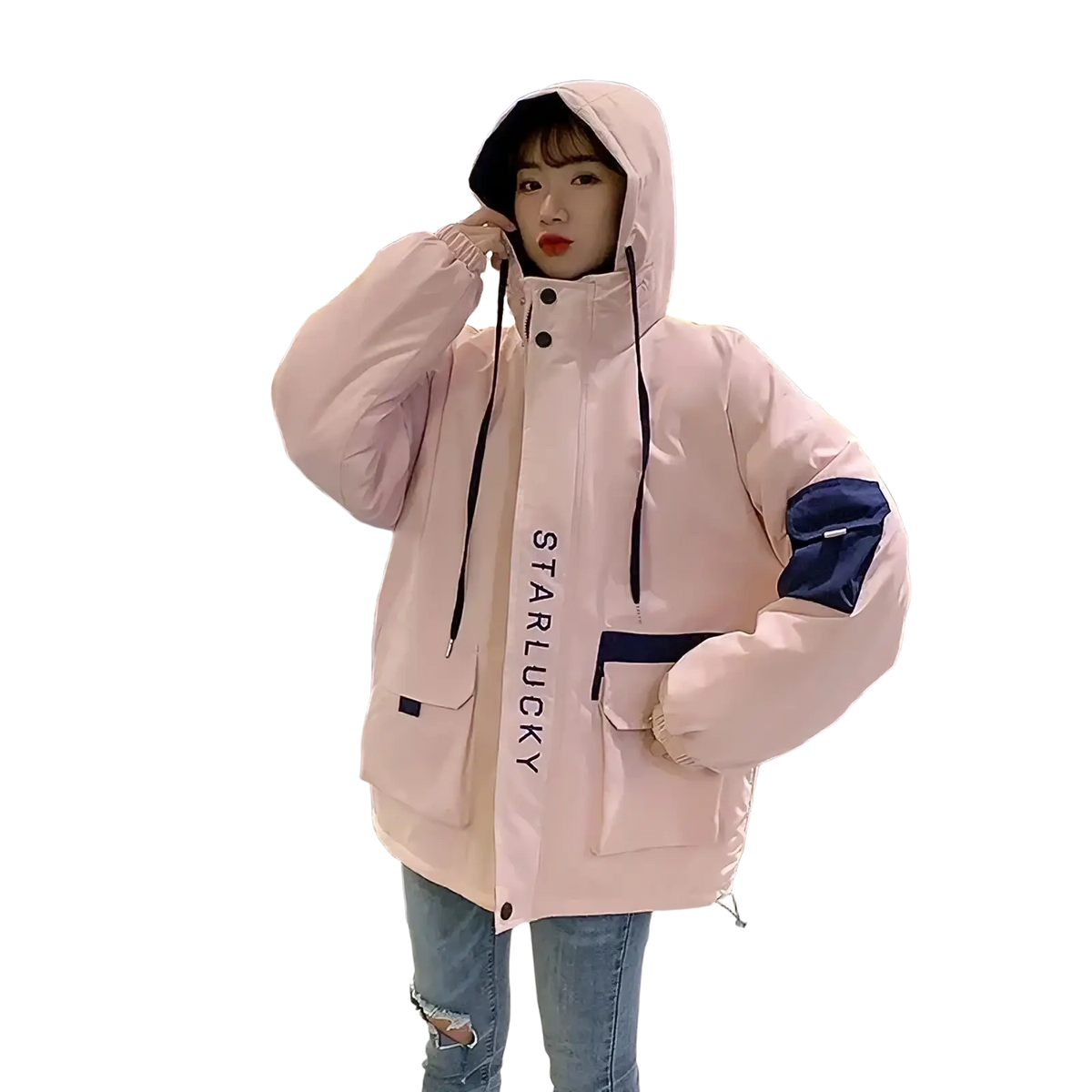 Women hooded trench coat casual loose outerwear featuring a pink puffer jacket with navy blue accents and starlucky branding