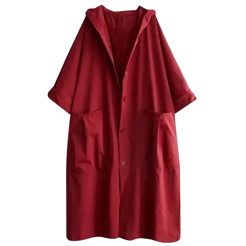 Women hooded trench coat casual loose outerwear in red with button front, short sleeves, and hood