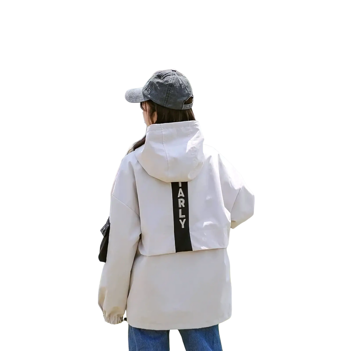 Back view of a women hooded trench coat in white with a black vertical stripe and parly lettering casual loose outerwear