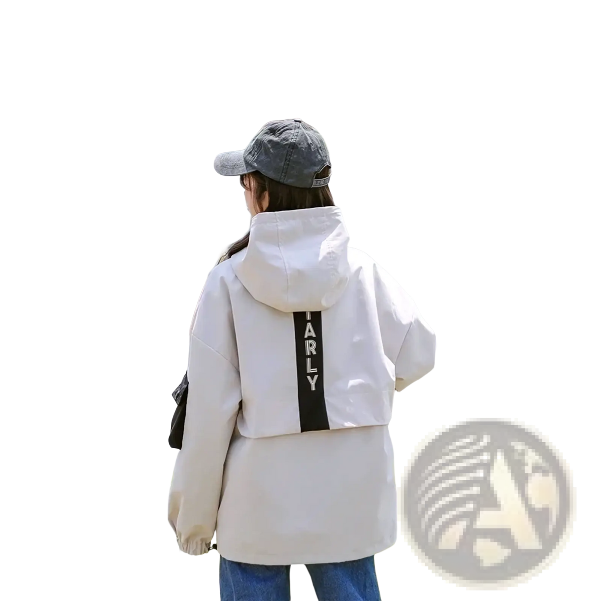 Back view of a women hooded trench coat in white with a black vertical stripe and parly lettering casual loose outerwear