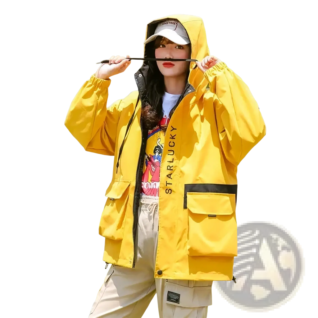 Women hooded trench coat casual loose outerwear in bright yellow waterproof material with black zipper and starlucky branding