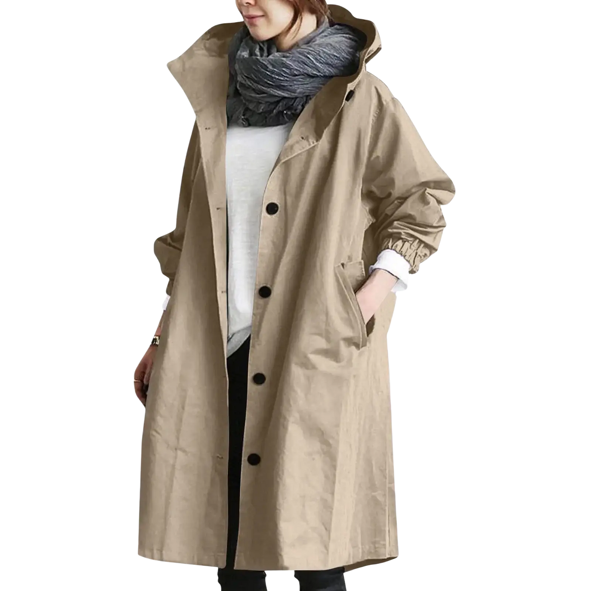 Beige women hooded trench coat long windbreaker with black buttons and elasticated cuffs for versatile outerwear