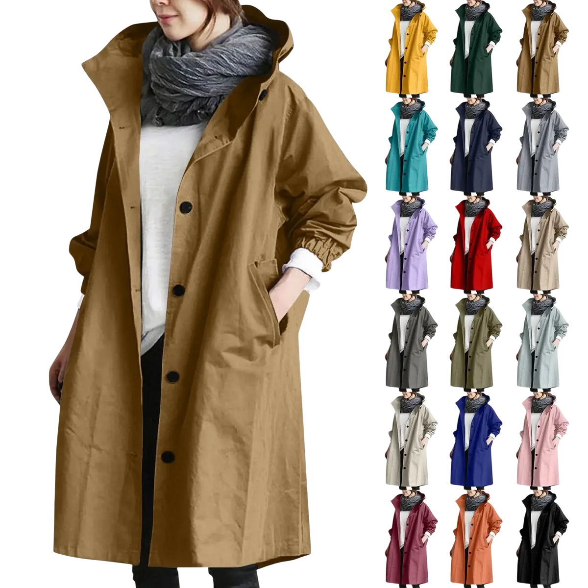 Beige hooded trench coat with black buttons and elastic cuffs designed as a long windbreaker for women