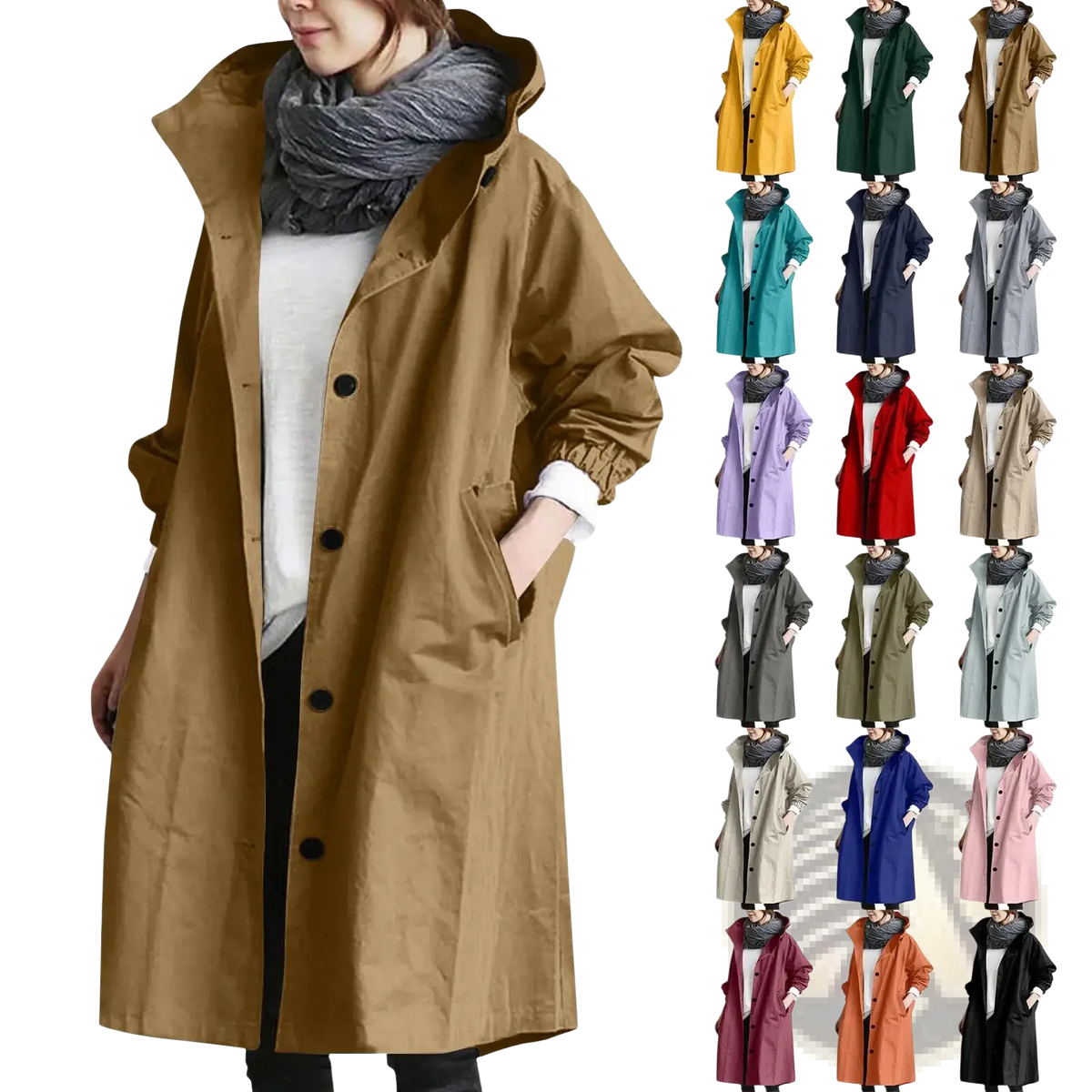 Beige hooded trench coat with black buttons and elastic cuffs designed as a long windbreaker for women
