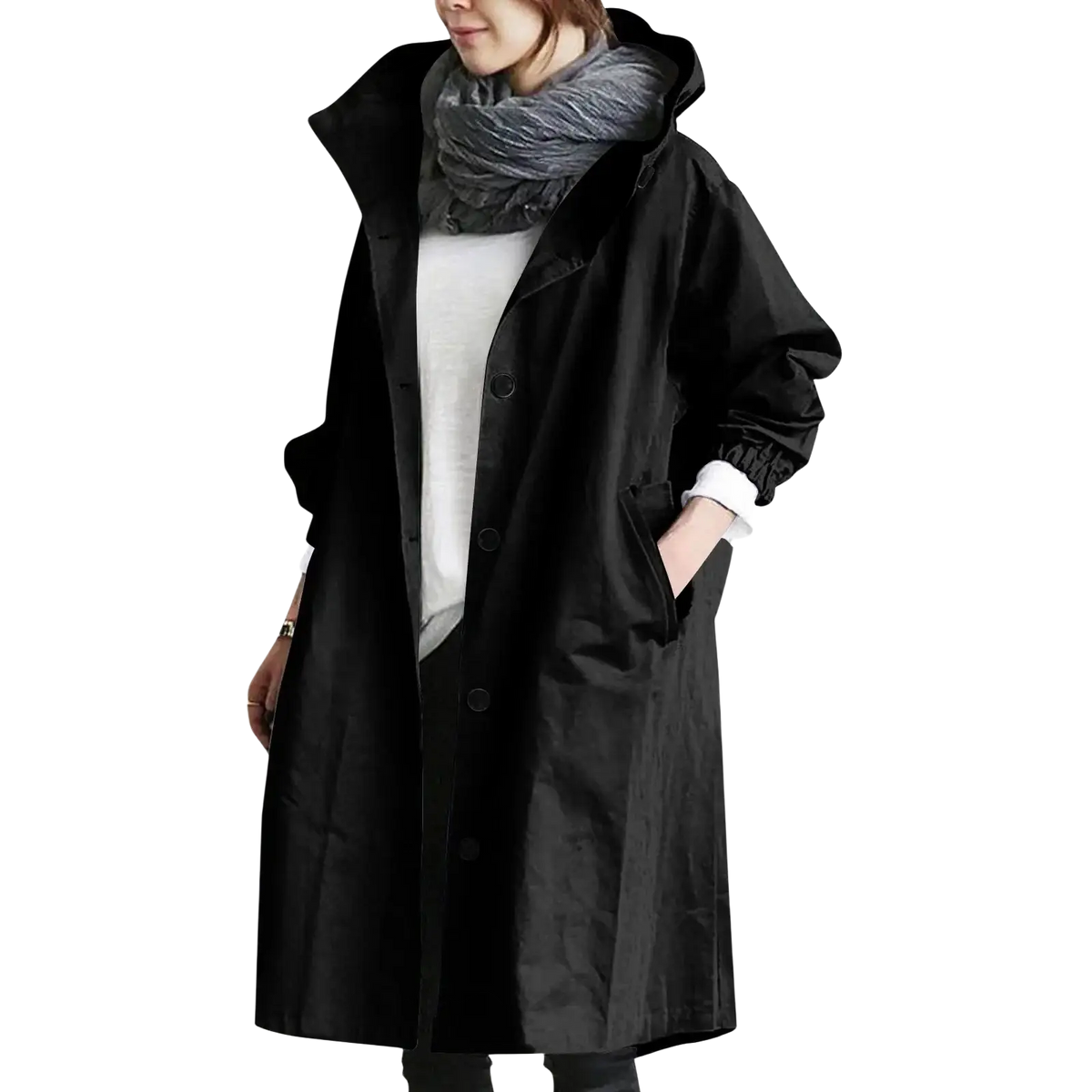 Black longline hooded trench coat with button closure designed as a women hooded trench coat long windbreaker