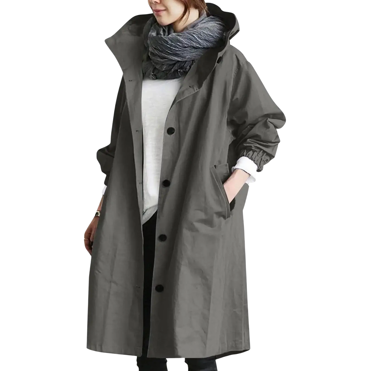 A dark gray women hooded trench coat with longline design and black buttons suitable as a windbreaker