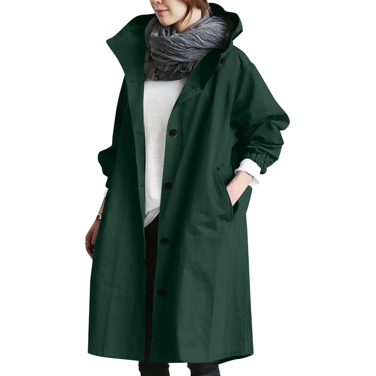 Women hooded trench coat long windbreaker in dark green with black buttons and elasticated cuffs for added comfort