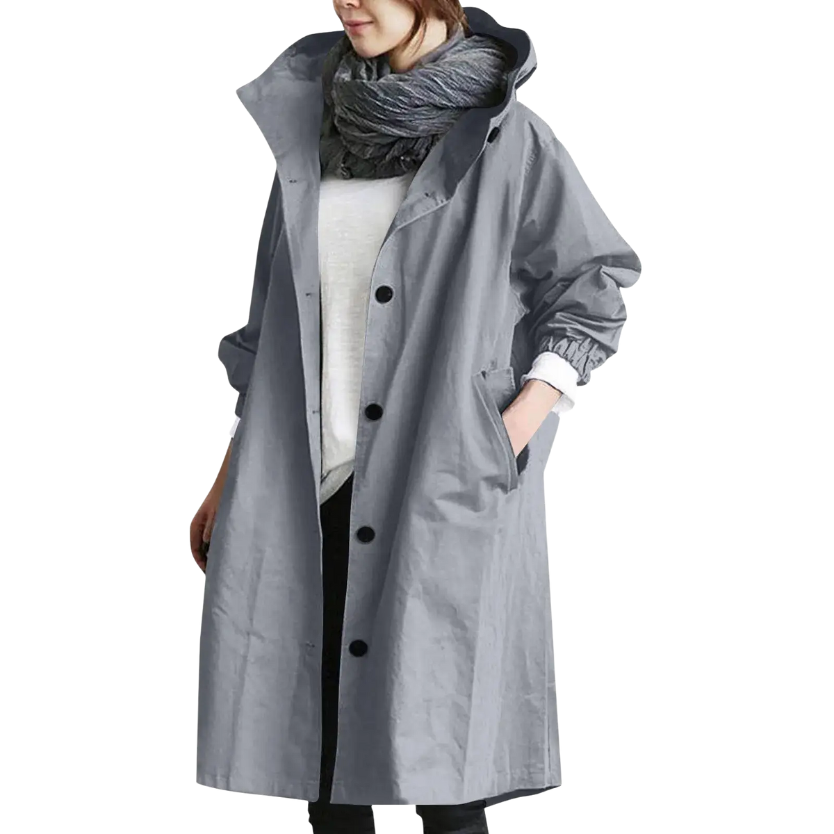 Women hooded trench coat long windbreaker in gray with long sleeves hood and black buttons front view