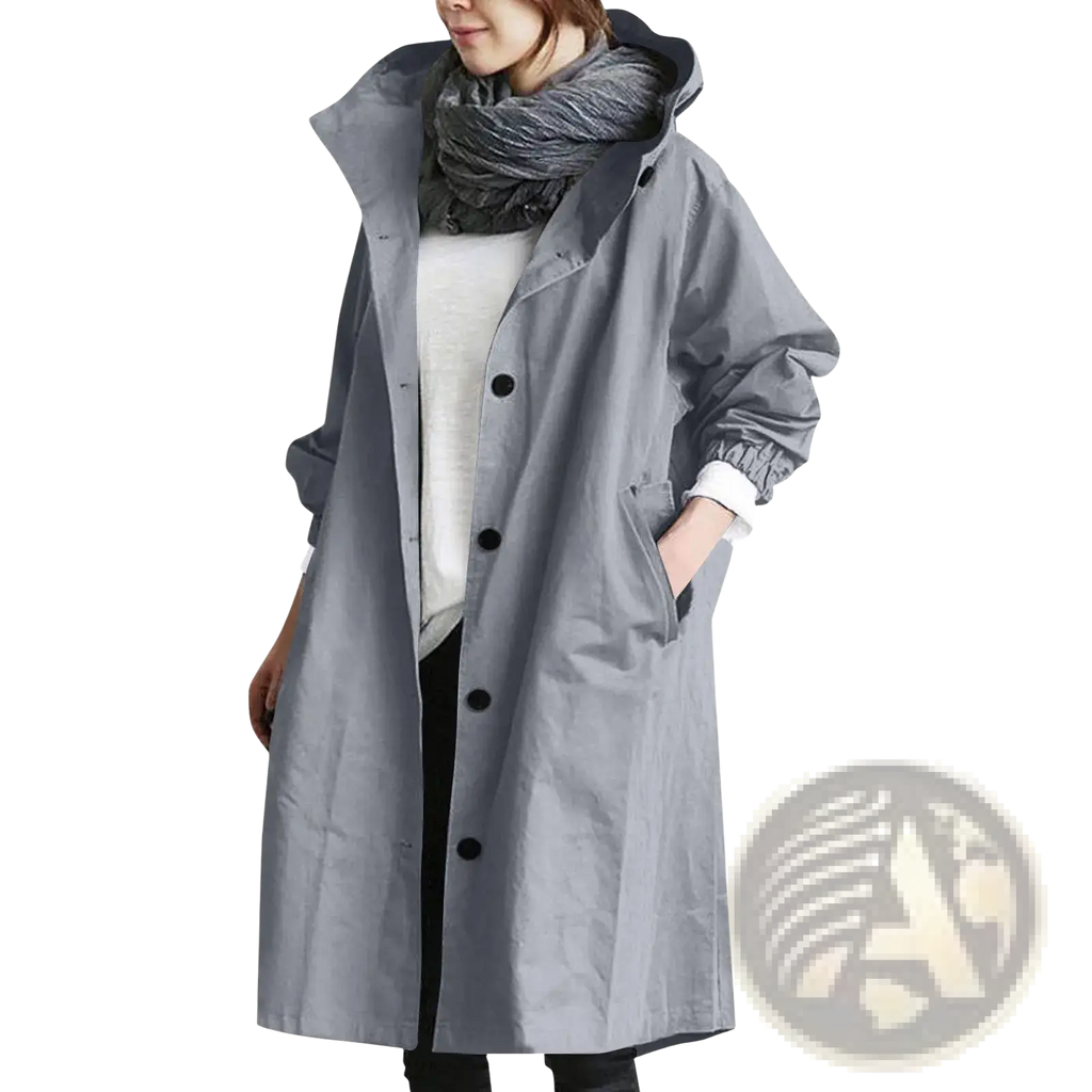Women hooded trench coat long windbreaker in gray with long sleeves hood and black buttons front view