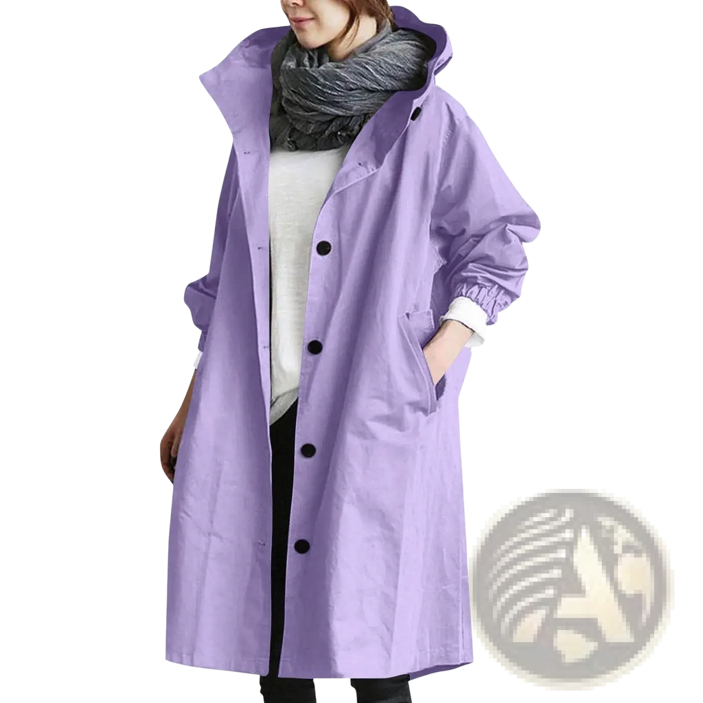 Women hooded trench coat long lavender raincoat with black buttons designed as a windbreaker for outdoor use